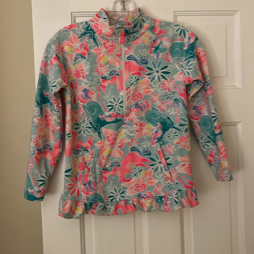 Lilly Pulitzer girls quarter zip popover size 12-14 in unicorn & flowers print